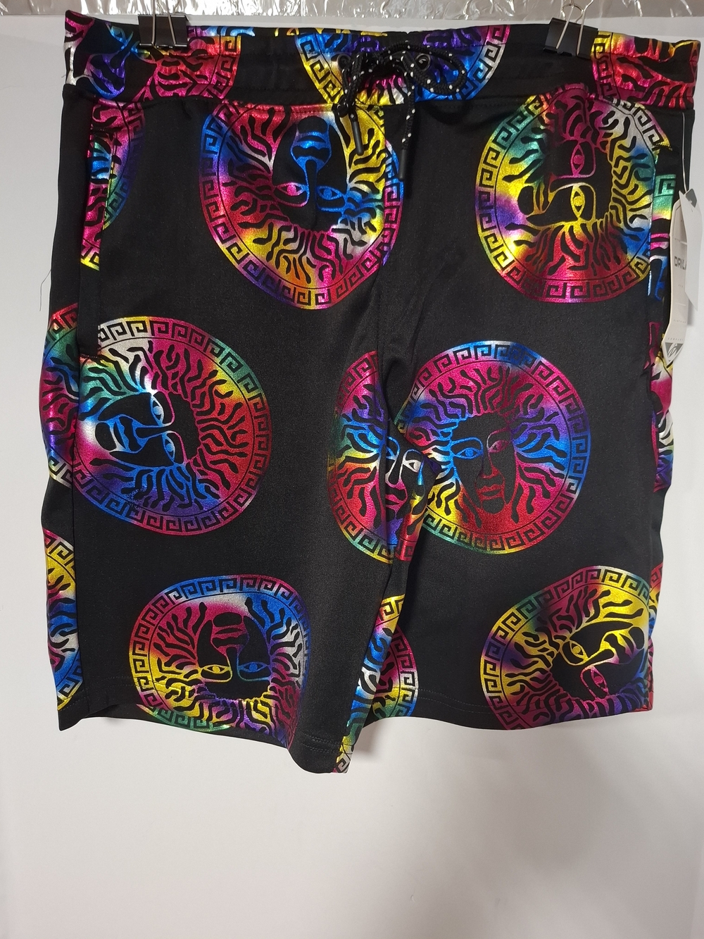 Men's Black Hybrid Shorts with Rainbow Medallion Print